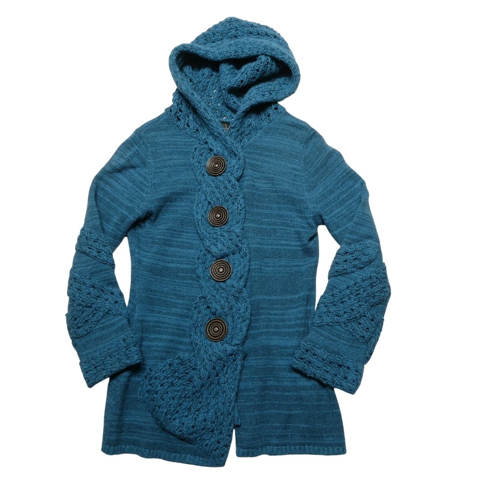 CoVelo Sweater Cardigan Womens M Blue Hooded Cable Knit Boho Long Sleeve